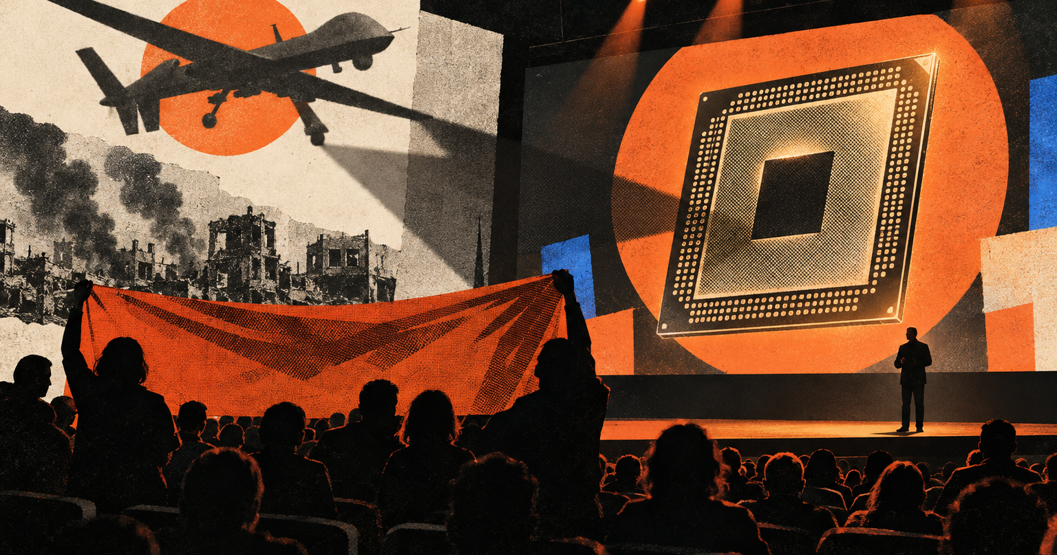 Protesters Interrupted Jensen Huang's Berlin Keynote to Ask Why Nvidia Chips Keep Turning Up in Russian Drones